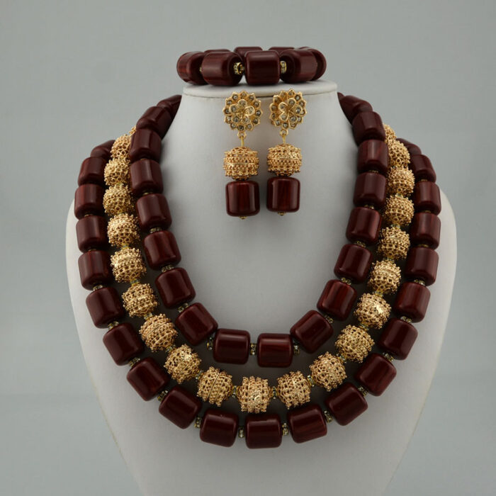 african Nigerian Wedding Jewelry Sets Wine Seed Bead Pendant Statement Necklace Set Bride