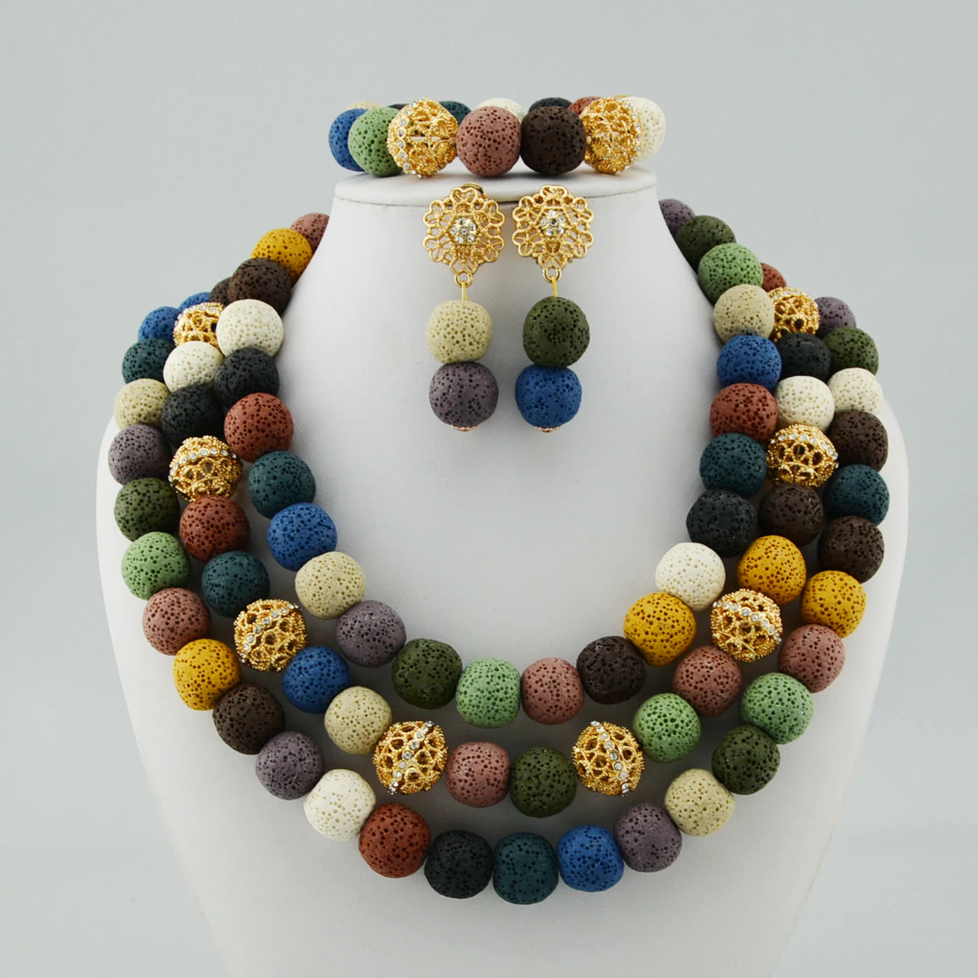 8 Rows African Bead Jewelry Set For Women - Nigerian Wedding Necklace, Earrings & Bracelet Bridal Set