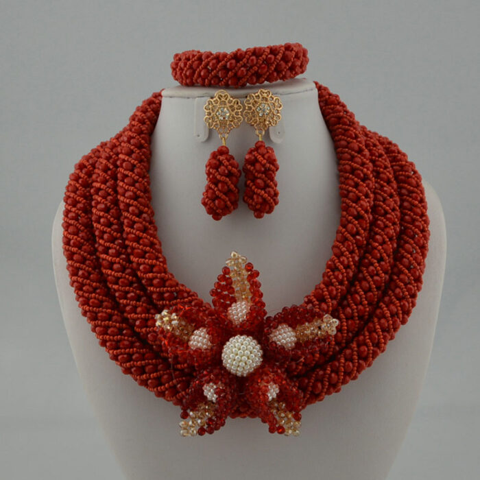 Nigerian Wedding Jewelry Sets Wine Seed Bead Pendant Statement Necklace Set Bride