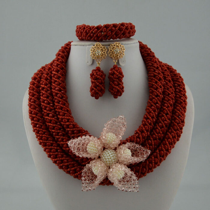 Nigerian Wedding Jewelry Sets Wine Seed Bead Pendant Statement Necklace Set Bride