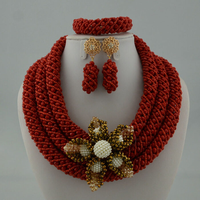 Nigerian Wedding Jewelry Sets Wine Seed Bead Pendant Statement Necklace Set Bride