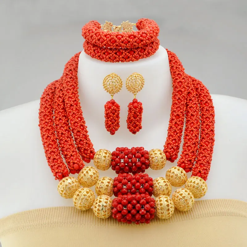 Africanbeads 3 Rows Handmade Red Coral Beads Jewelry Sets Nigerian Wedding  African Beads Necklace(ABC020) : : Clothing, Shoes & Accessories