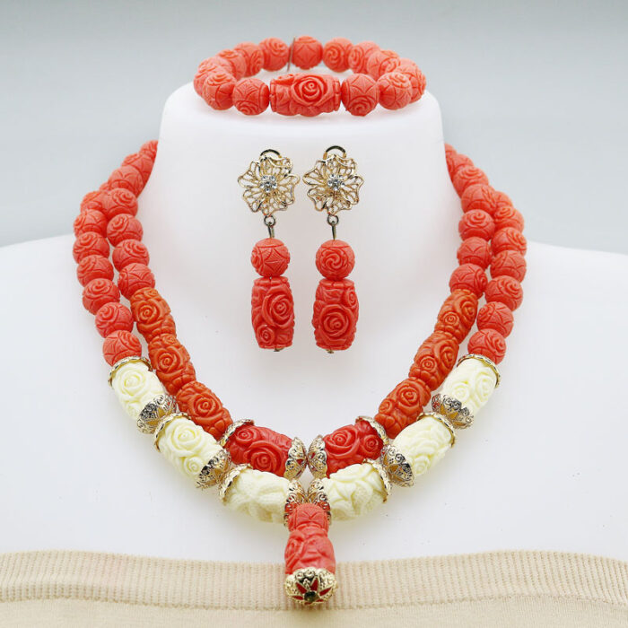 Nigerian Coral Beads Necklace Earrings Set for Bride New African Wedding Jewelry Set Free Shipping