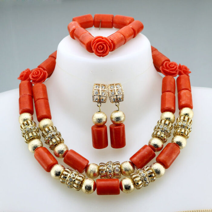 Nigerian Coral Beads Necklace Earrings Set for Bride New African Wedding Jewelry Set Free Shipping