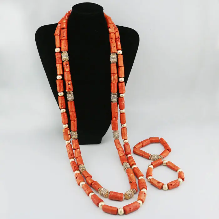 African Men Genuine Coral Bead Jewelry Set For Nigerian Wedding Necklace In  JW1209