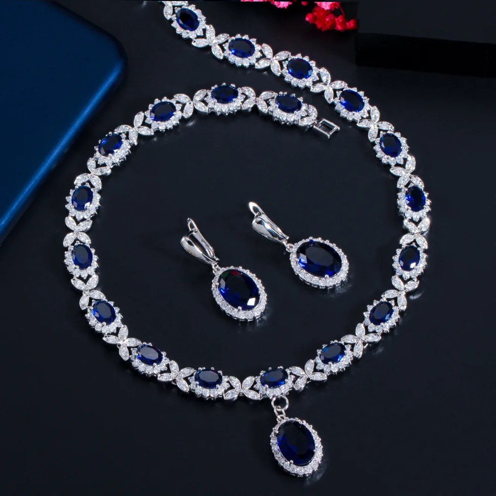 Blue Ocean Stone Prom Jewelry Set: Shiny Cubic Zirconia Necklace and Earring Set JW3038 - Image 3