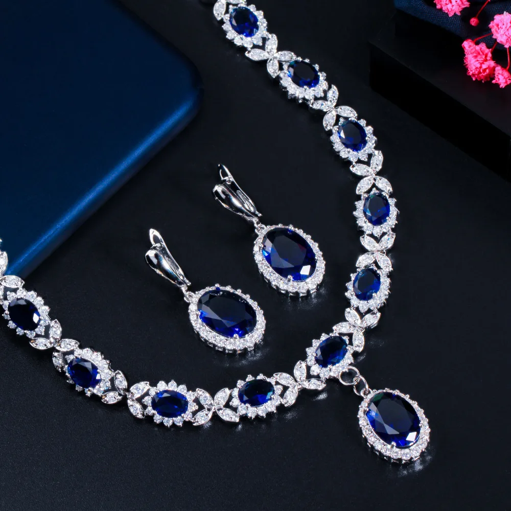 Blue Ocean Stone Prom Jewelry Set: Shiny Cubic Zirconia Necklace and Earring Set JW3038 - Image 4