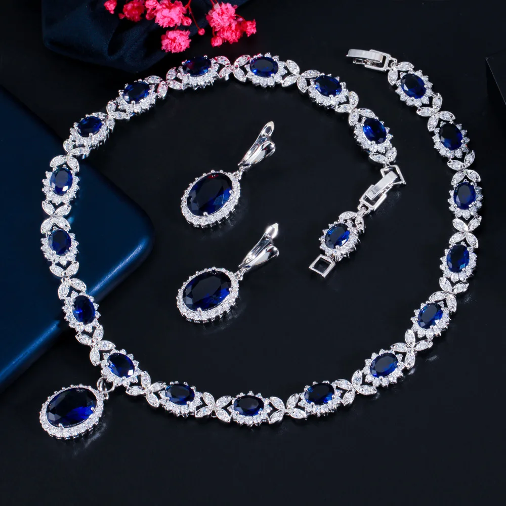 Blue Ocean Stone Prom Jewelry Set: Shiny Cubic Zirconia Necklace and Earring Set JW3038