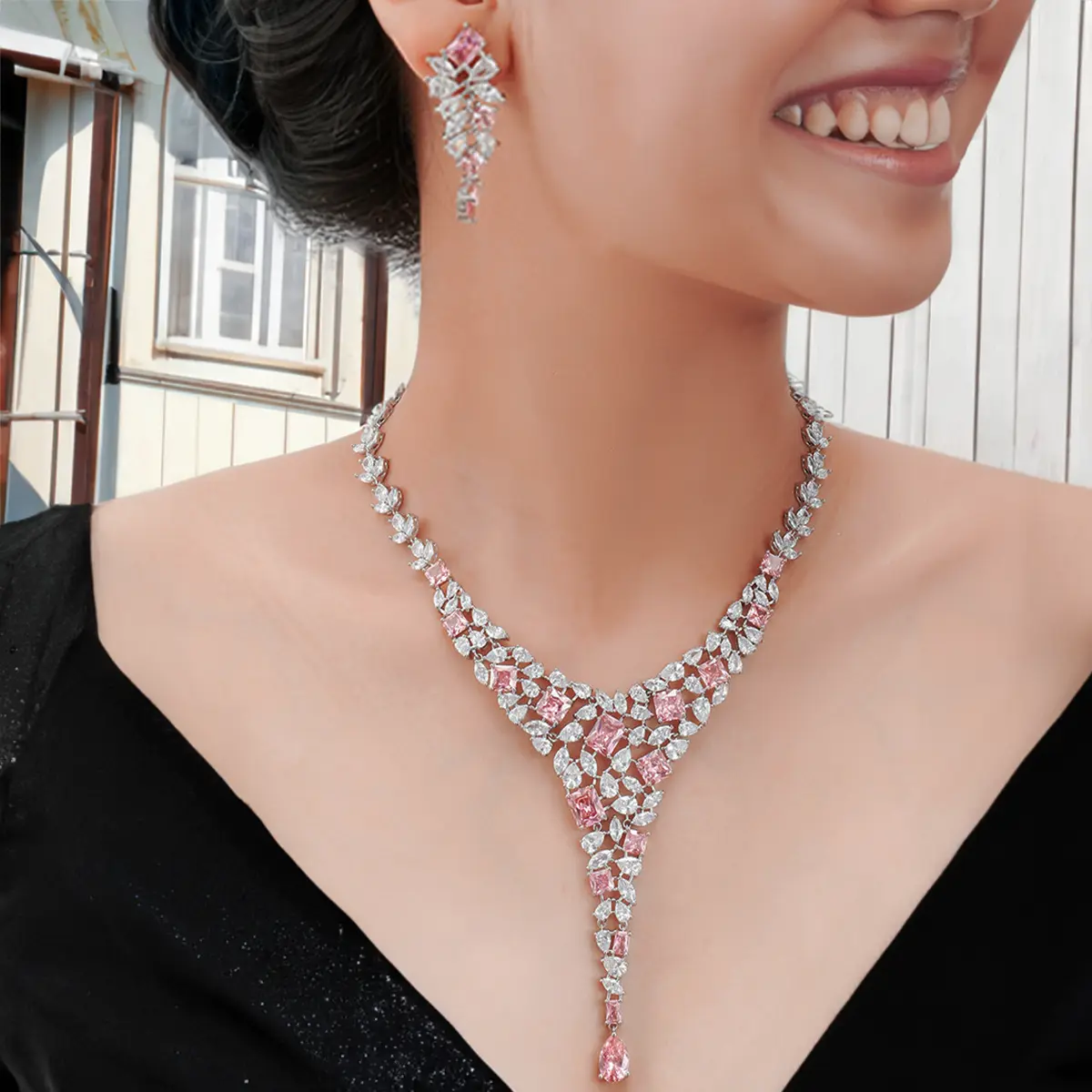 Bridal CZ American Diamond Necklace Set Cubic Zirconia 