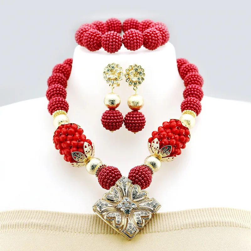 Nigerian Wedding Jewelry Set - Red African Bead Necklace & Earrings