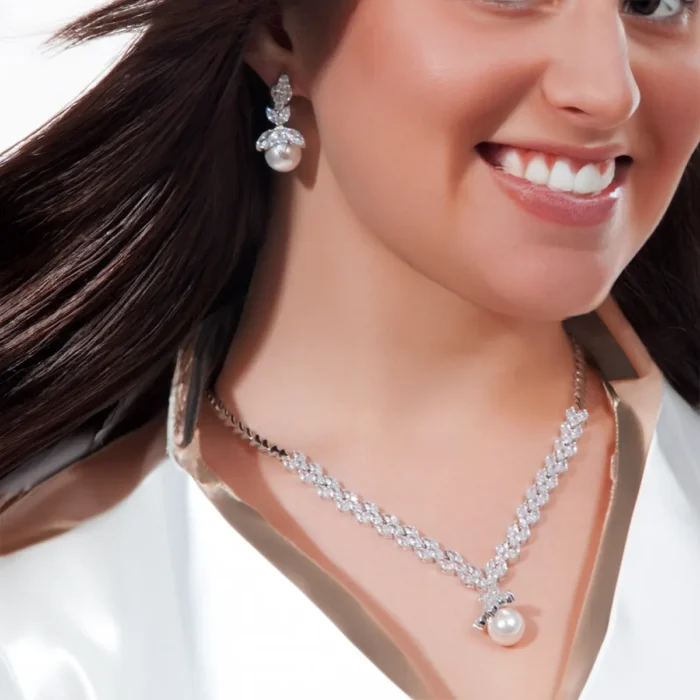 Bridal Necklace and Earrings Set - Pearl Cubic Zirconia for Prom Party