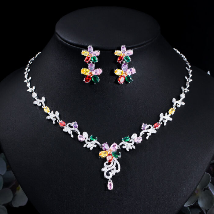 Decorative Colorful CZ Crystal Tassel Flower Pendant Necklace Earrings