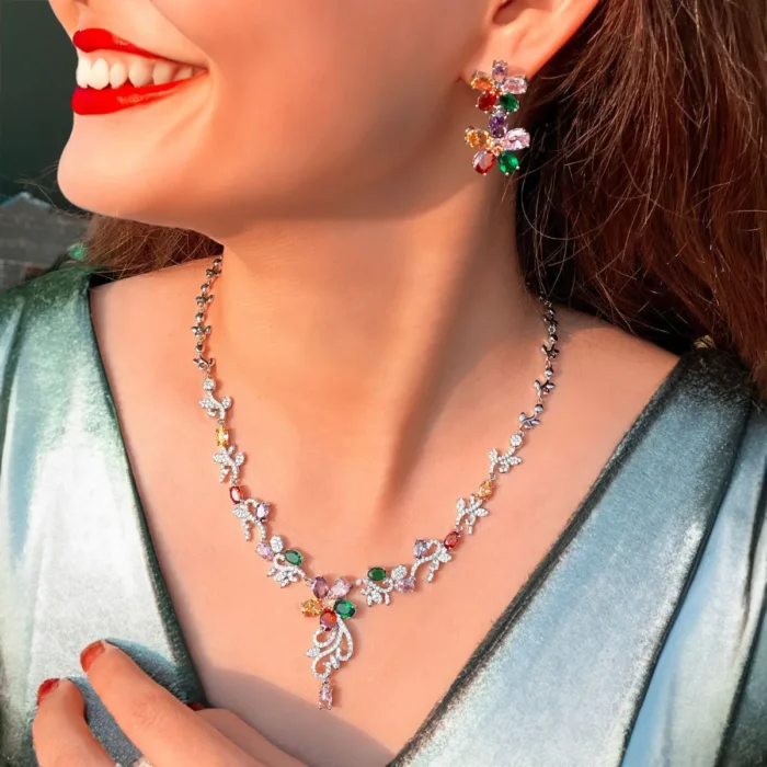 Decorative Colorful CZ Crystal Tassel Flower Pendant Necklace Earrings