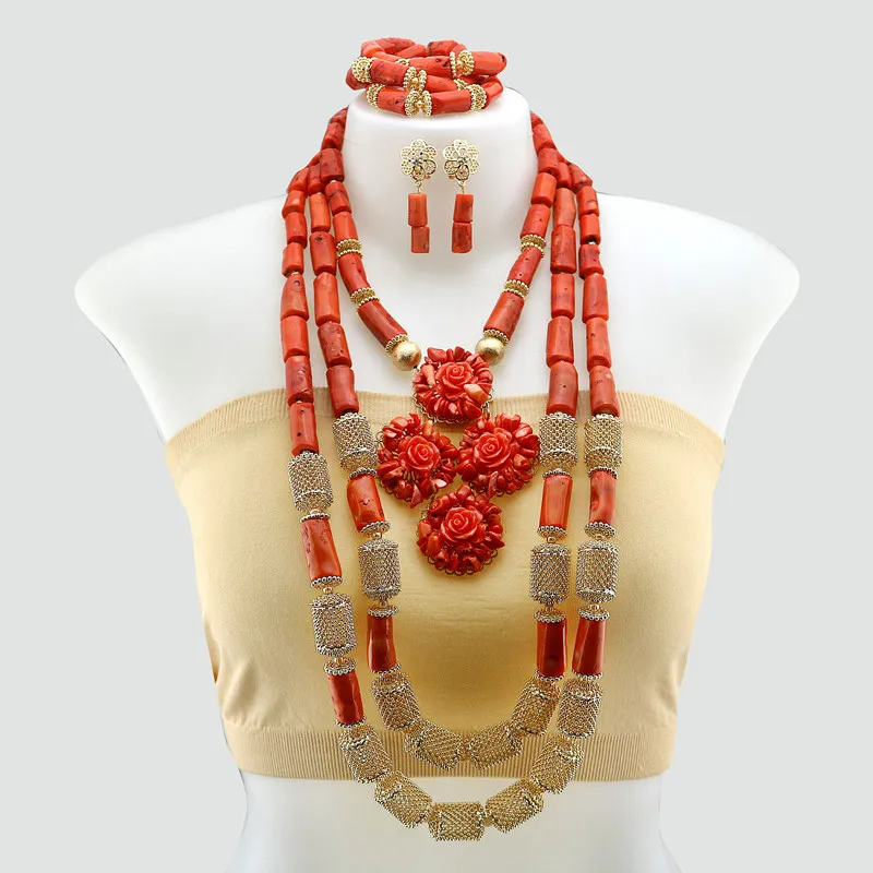Luxury coral beads necklace set JW1582 1 Luxury coral beads necklace set JW1582